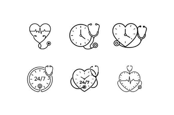 24 7 Medical Care Heart Clock Icons
